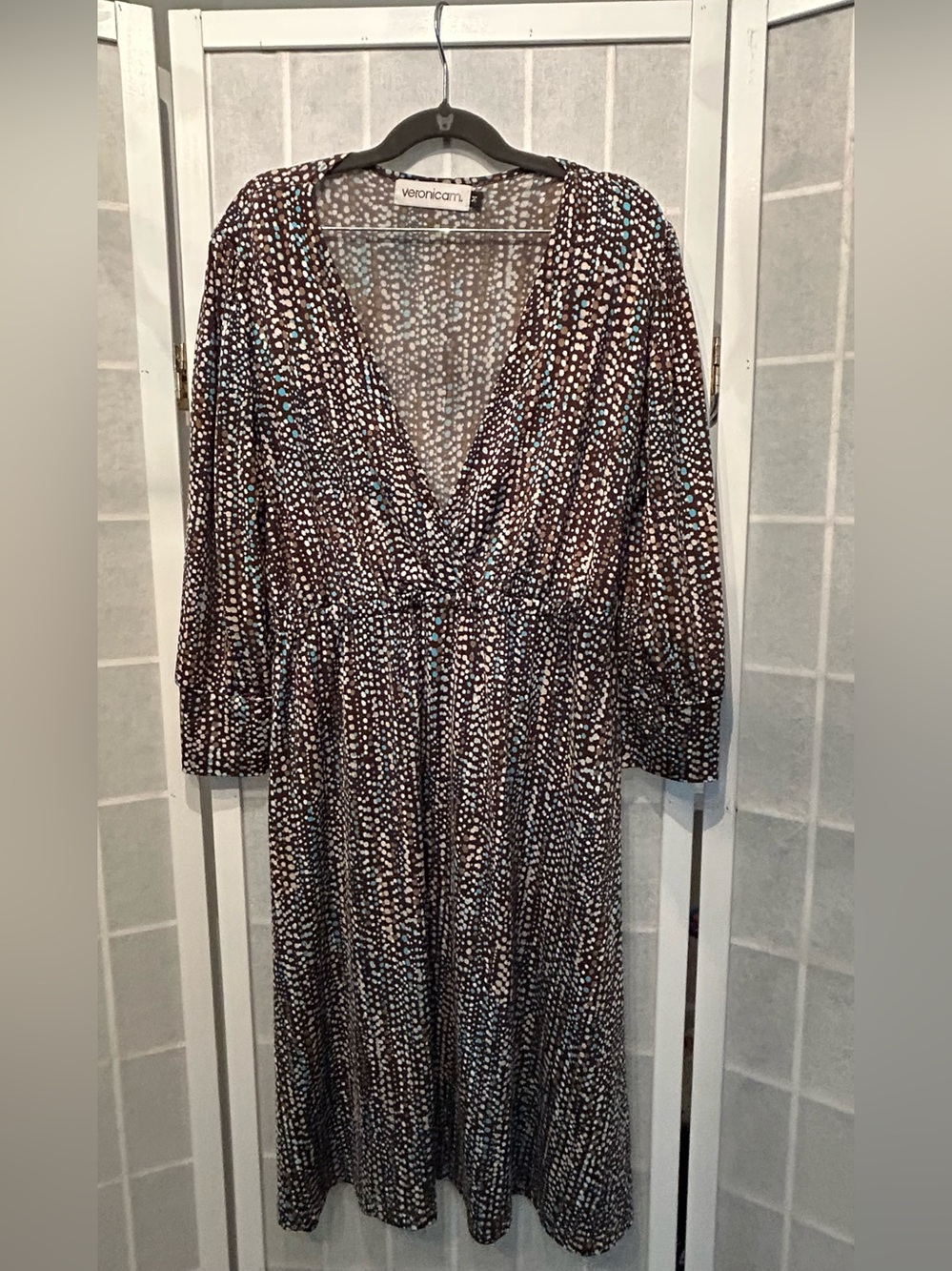 Veronica M. Brown Dot-Print V-Neck Midi Dress with Blue & White Speckles